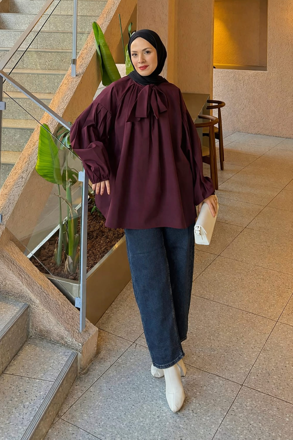 Lamelif Yaka Fular Detaylı Gömlek Mürdüm