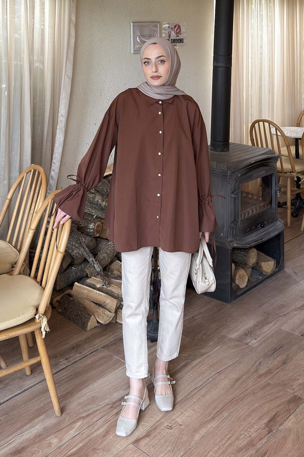 Lamelif Kol Tünel İp Detaylı Gömlek Acı Kahve