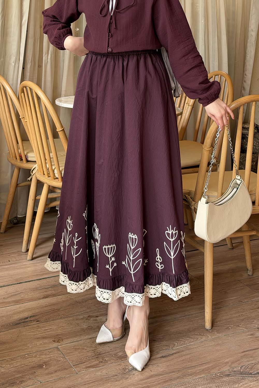 Plum Cotton Fabric Flare Skirt