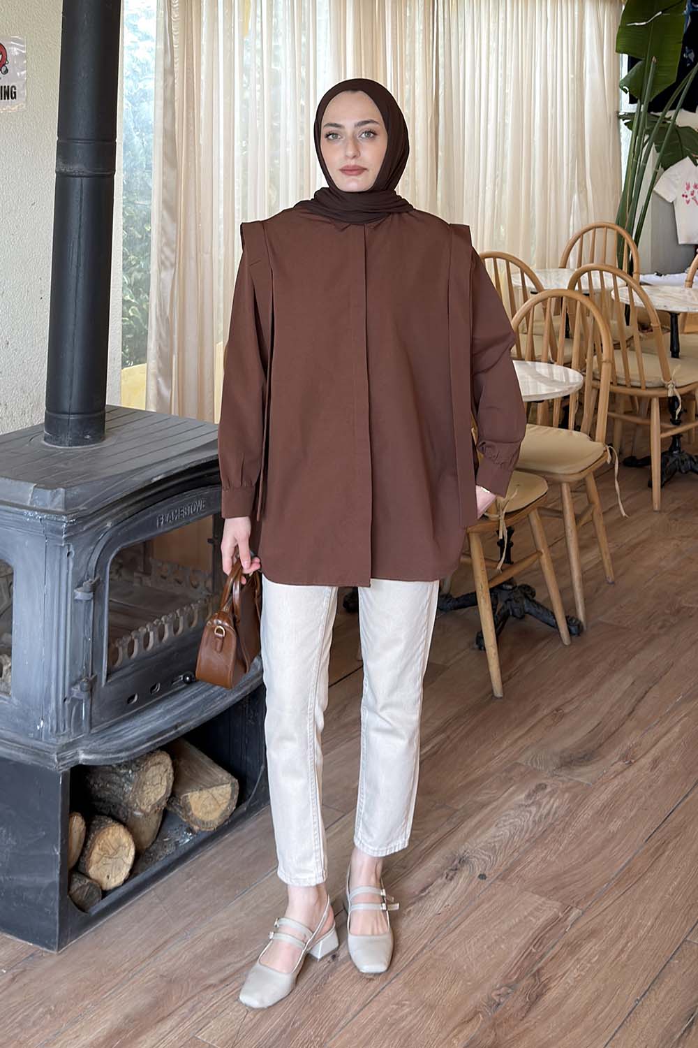 Lamelif Omuz Vatka Detaylı Tesettür Gömlek Acı Kahve