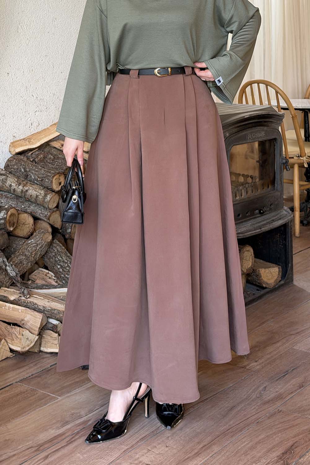 Lamelif Pileli Kemerli Etek Soft Kahve