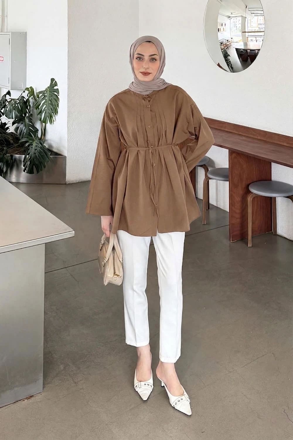 Lamelif Piliseli Geniş Kol Gömlek Soft Kahve