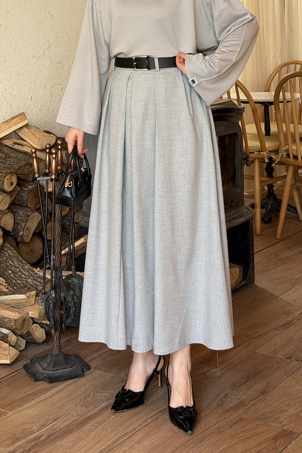 Lamelif Poliviskon Kemerli Etek Gri