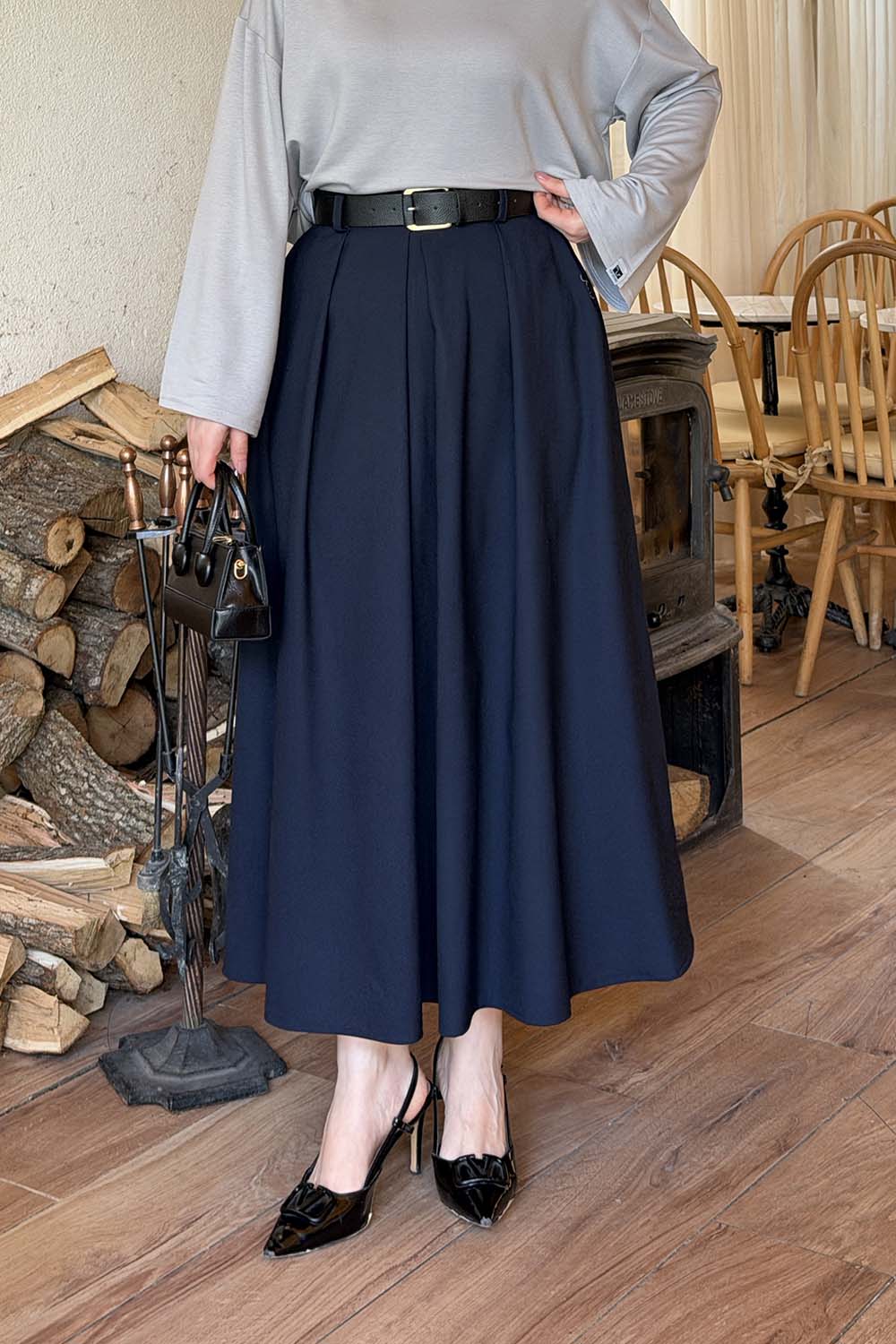 Lamelif Poliviskon Kemerli Etek Lacivert