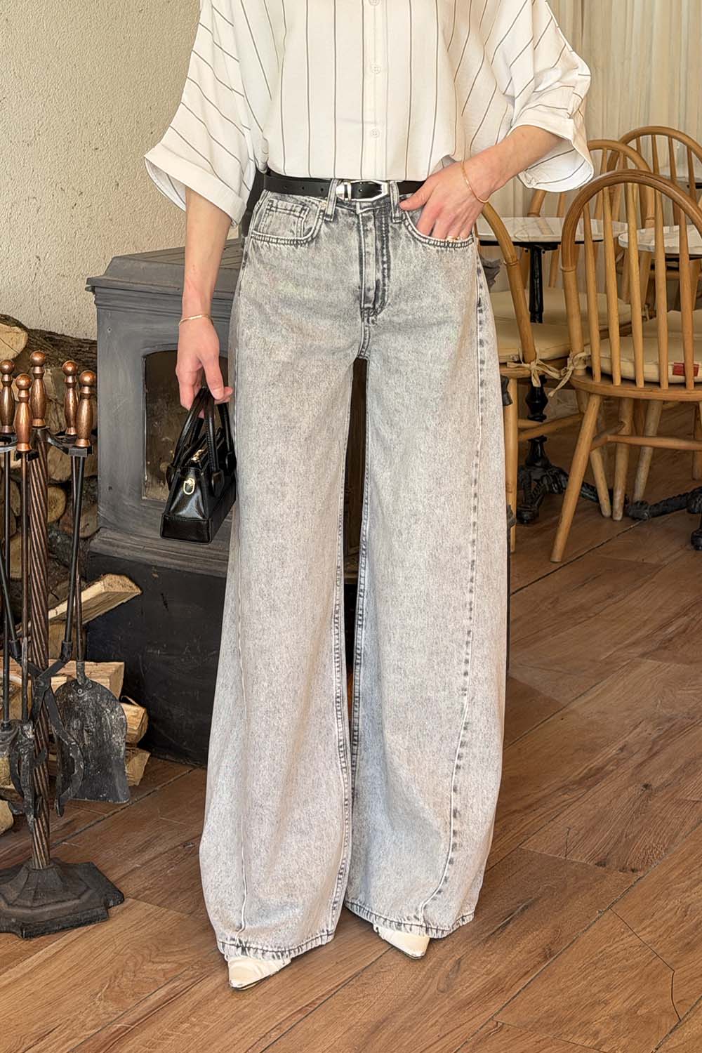 Lamelif Yüksek Bel Baggy Jean Açık Gri