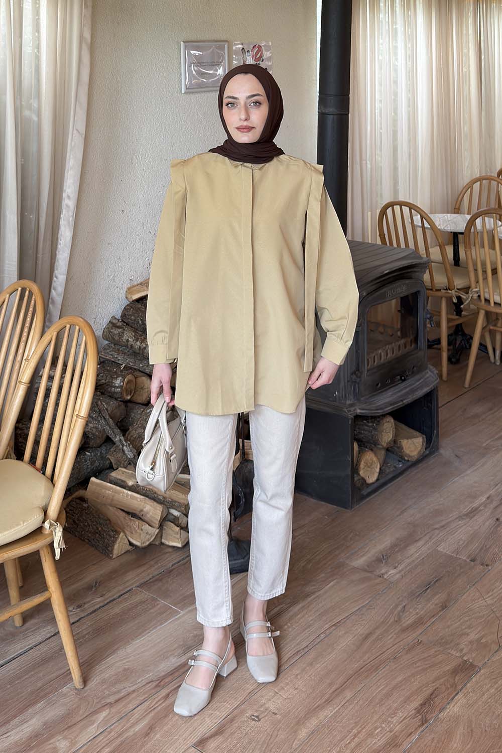 Vatka Detaylı Tesettür Gömlek Bej