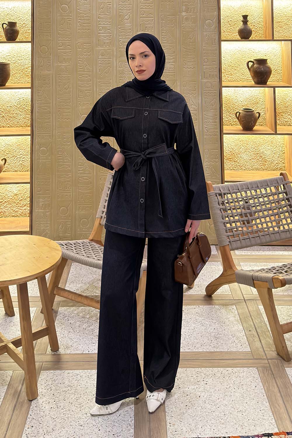 Lamelif Bağlama Detaylı Denim Takım Koyu Mavi