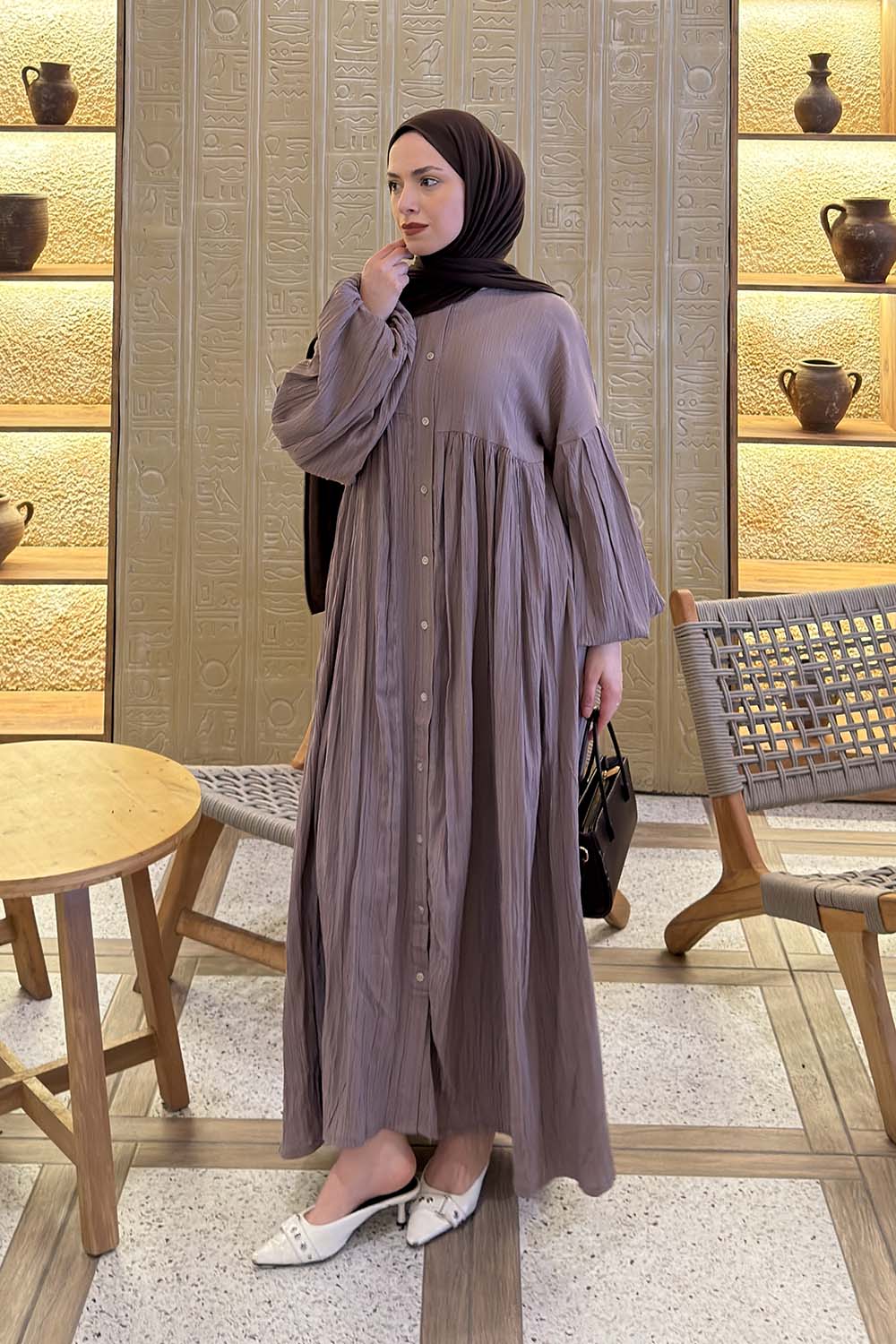 Lamelif Balon Kol Uzun Tesettür Elbise Soft Kahve