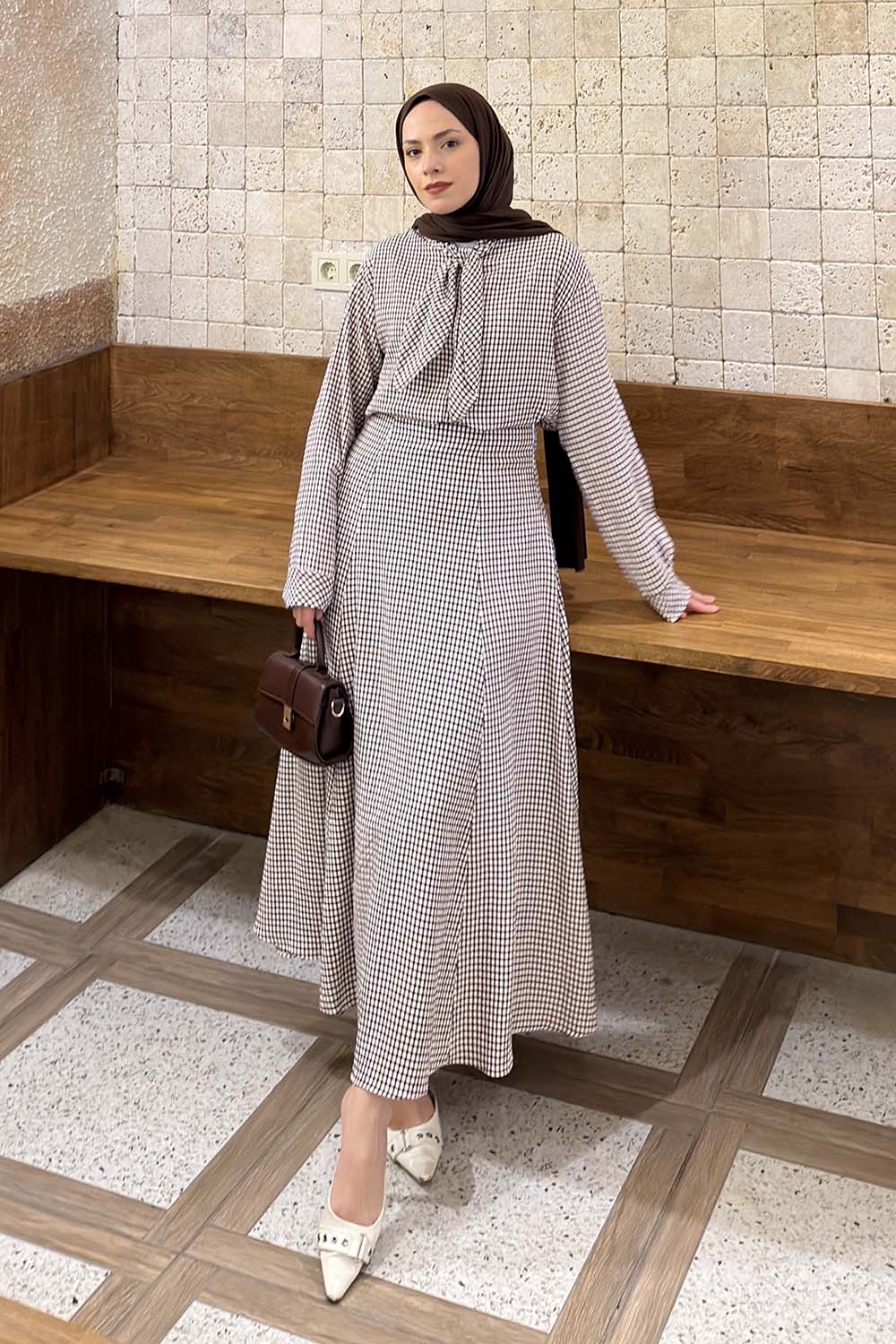 Plum Foulard Neck Long Arm Cotton Flared Skirt Suit