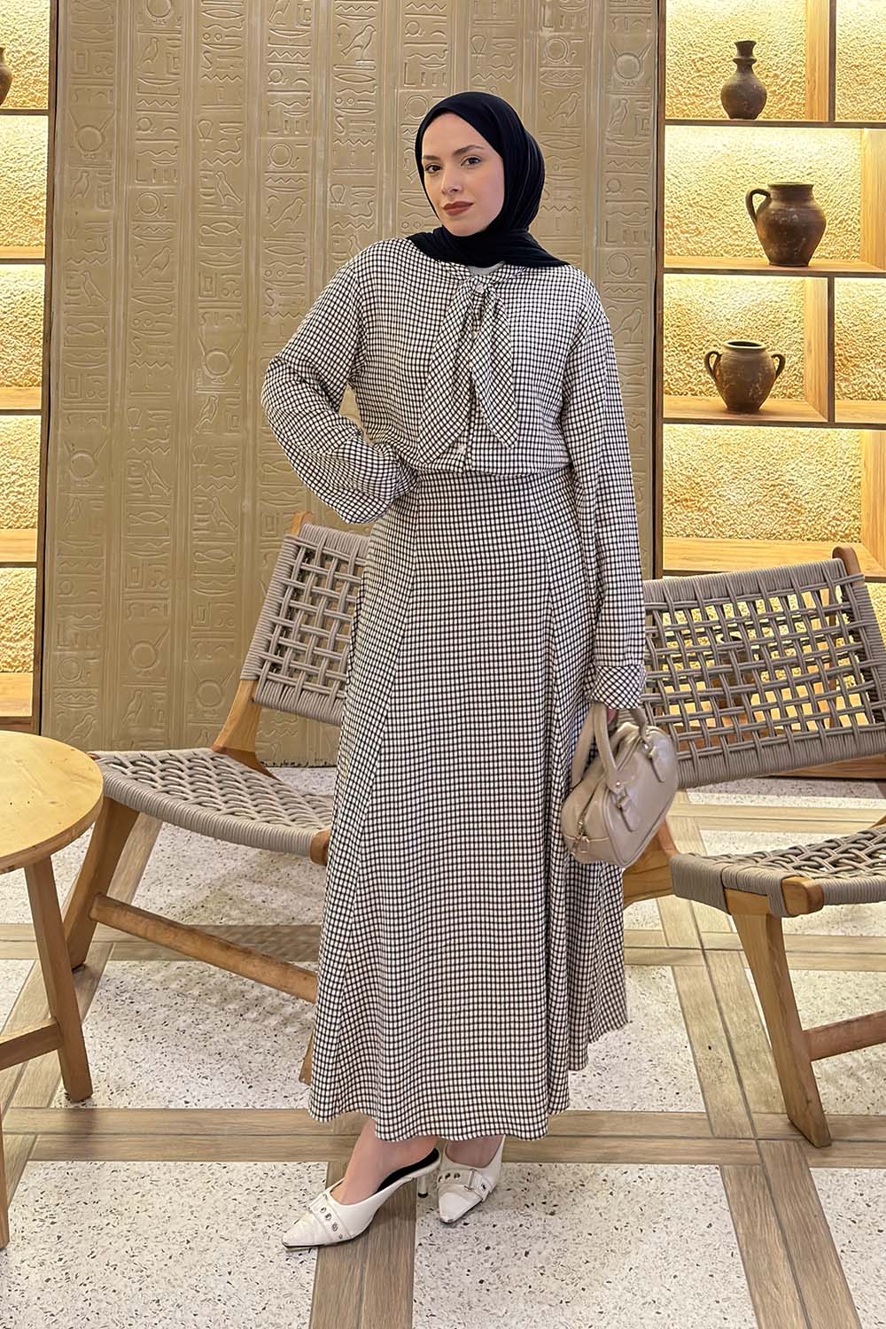 Lamelif Ekose Desen Kravat Yaka Takım Siyah