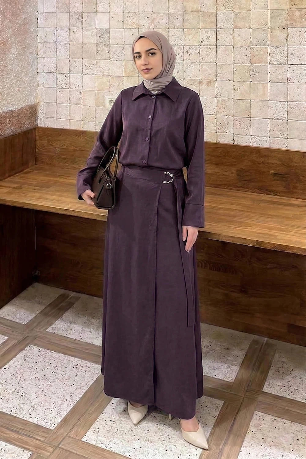 Lamelif Gold Toka Detaylı Etekli Takım Mürdüm