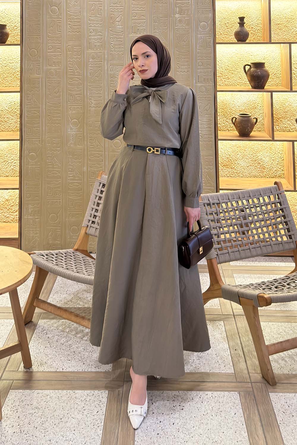 Mink Foulard Neck Long Arm Cotton Flared Skirt Suit