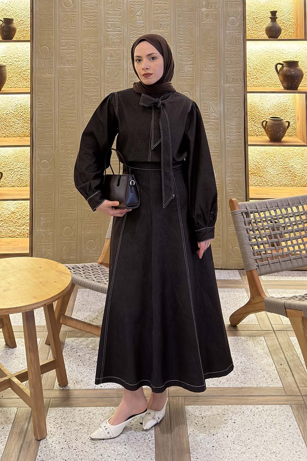 Lamelif Yakası Kuşaklı Kot Takım Koyu Kahve