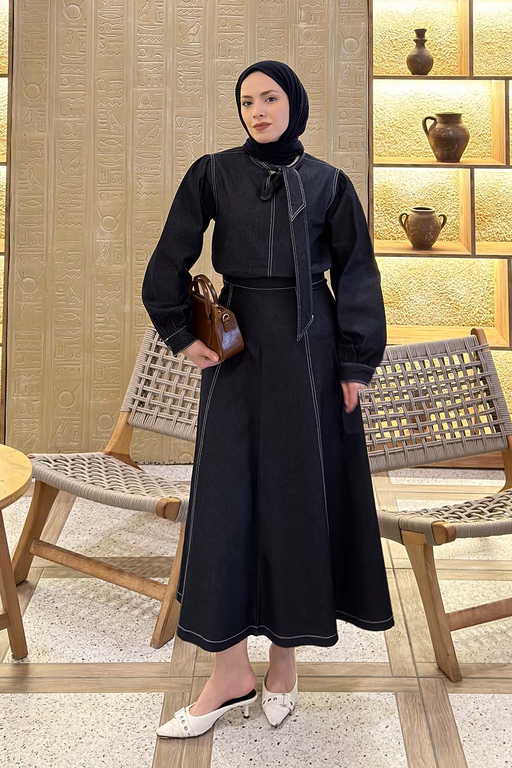 Lamelif Yakası Kuşaklı Kot Takım Koyu Mavi