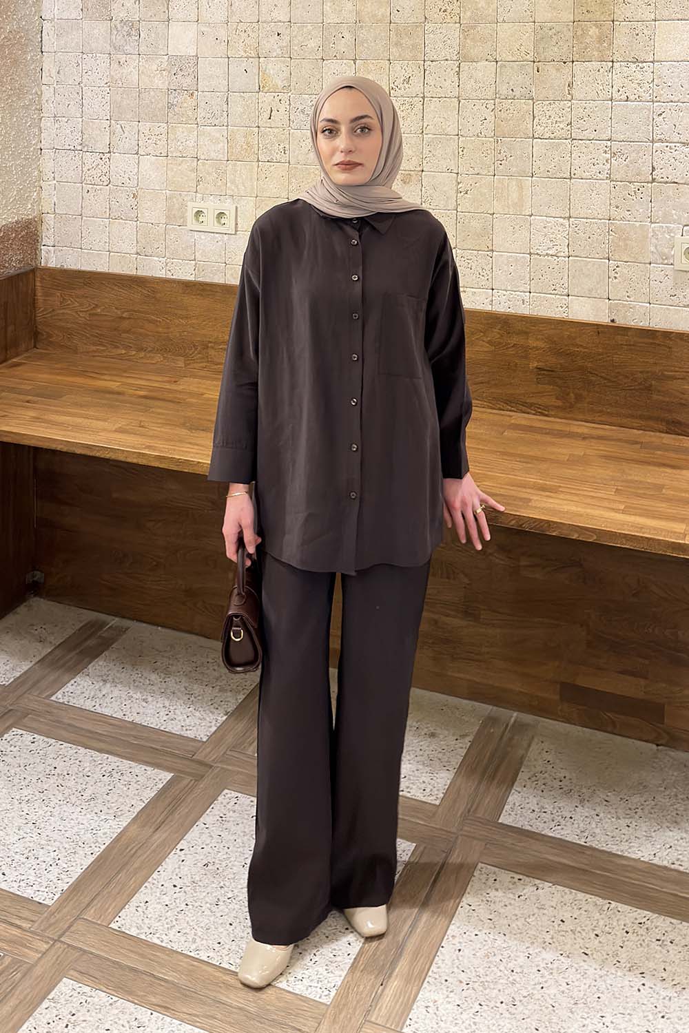 Lamelif Tensel Cep Detaylı Takım Acı Kahve