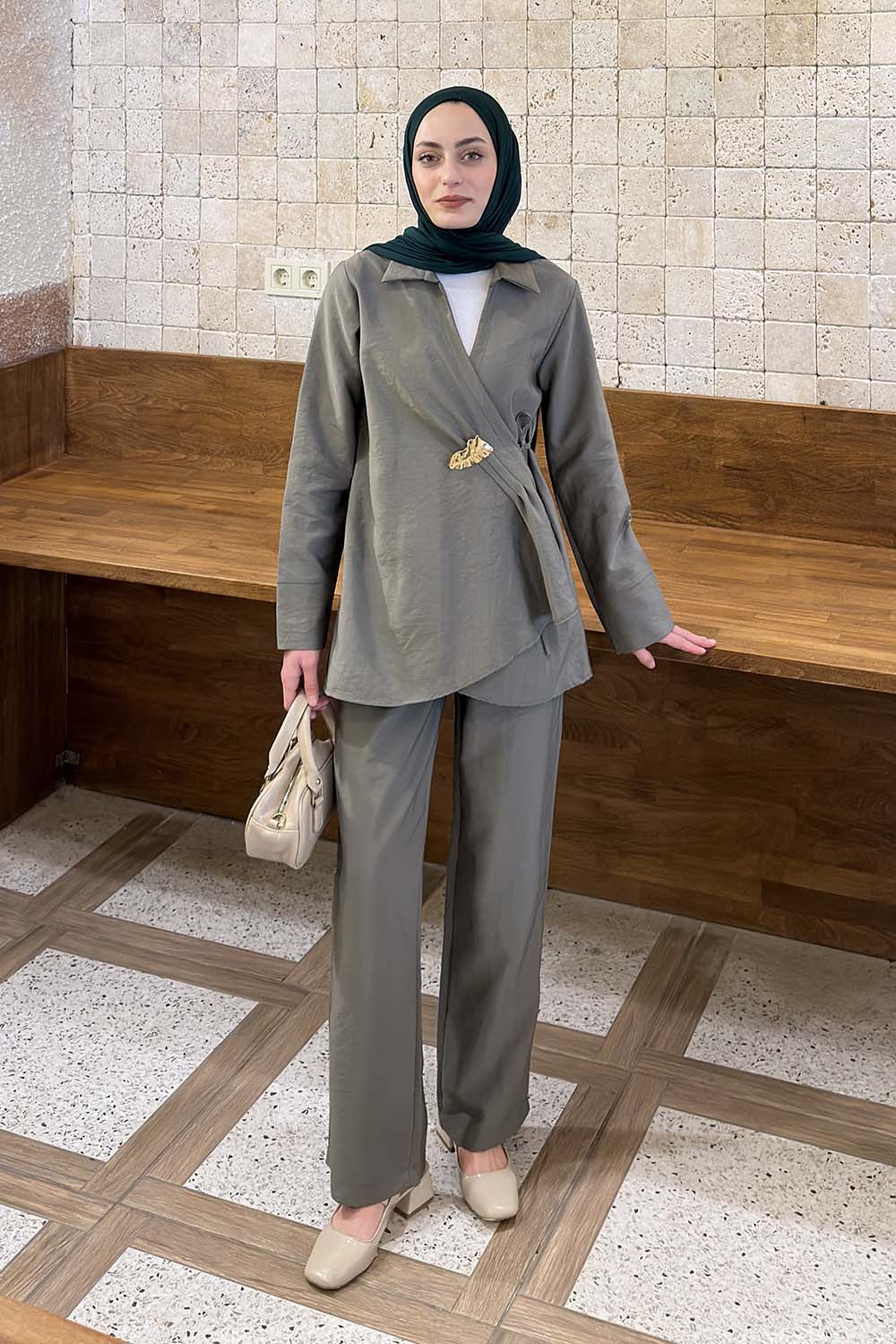 Lamelif Toka Detaylı Pantolonlu İkili Takım Haki