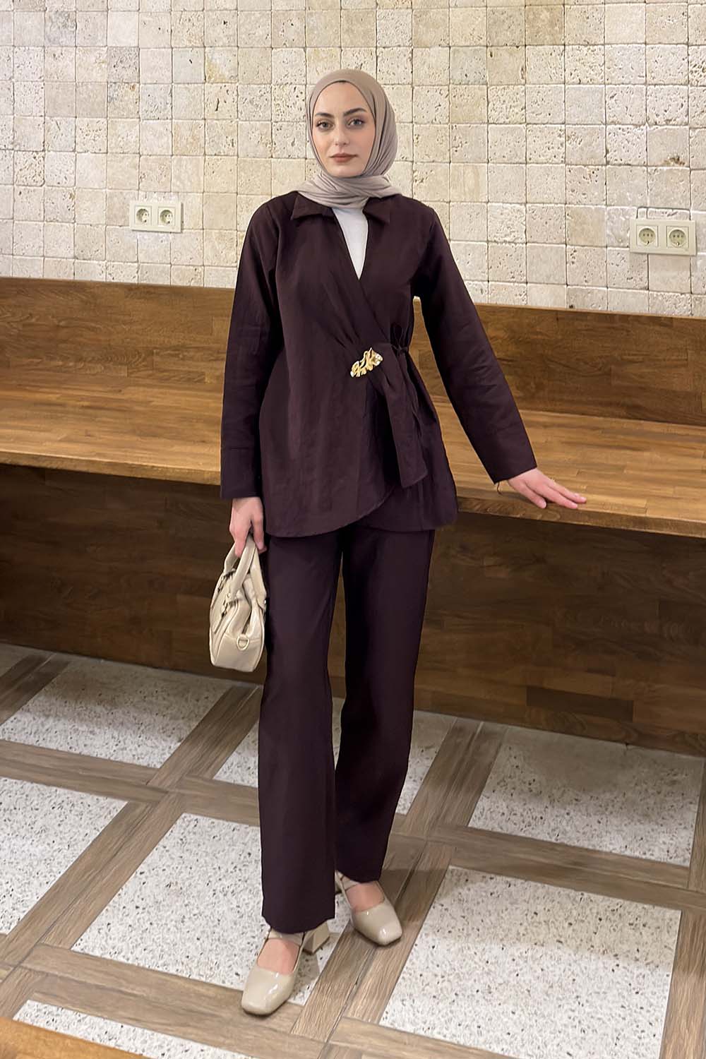 Lamelif Toka Detaylı Pantolonlu İkili Takım Mürdüm