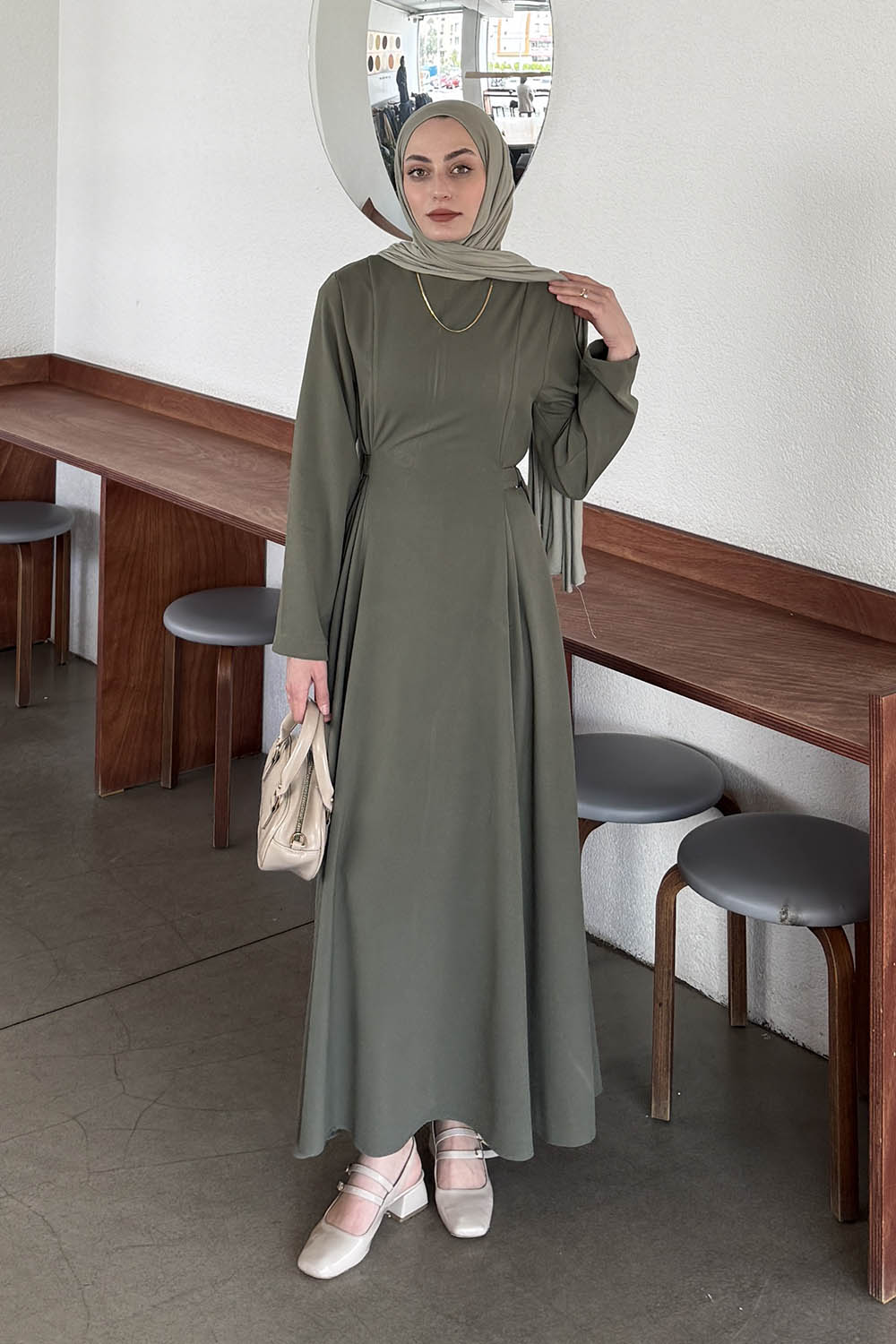 Lamelif Bel Kemer Detaylı Tesettür Elbise Haki