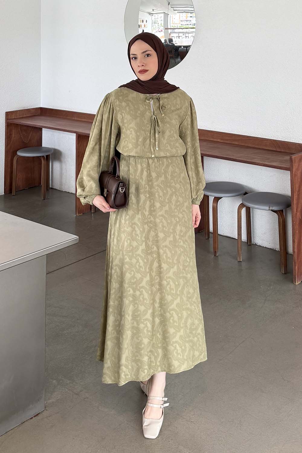 Lamelif Desenli Bağlama Detaylı Etekli Takım Haki