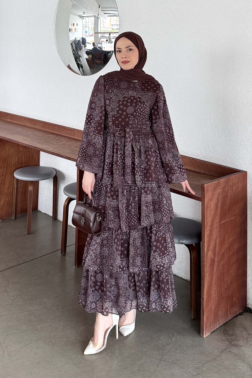Lamelif Etnik Desen Katlı Elbise Kahverengi