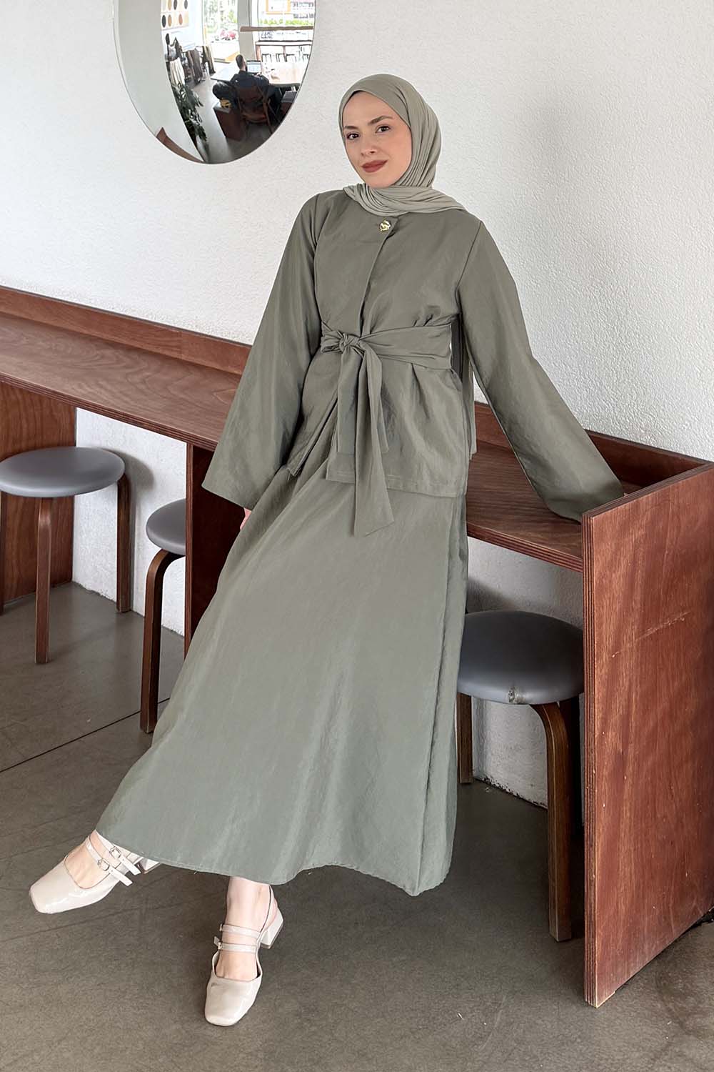 Lamelif Gold Düğmeli Etekli Takım Haki