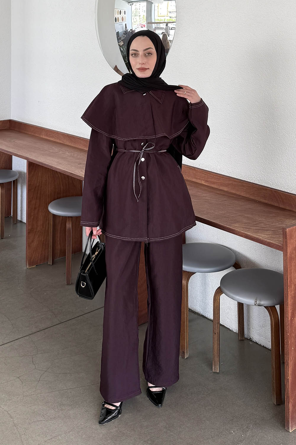 Lamelif Pelerin Detaylı Kontrast Dikişli Takım Mürdüm