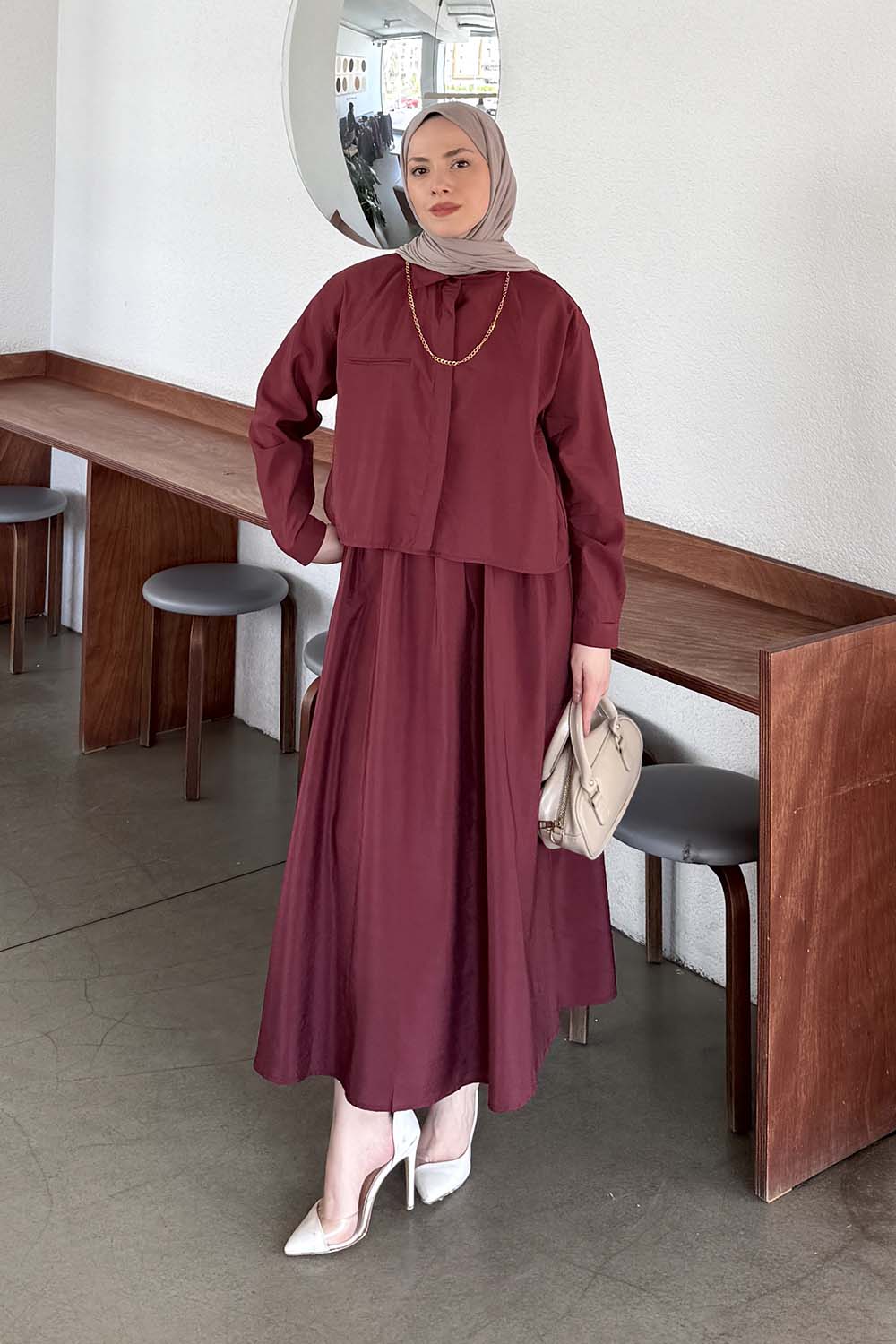 Lamelif Zincir Detaylı Etekli Takım Bordo