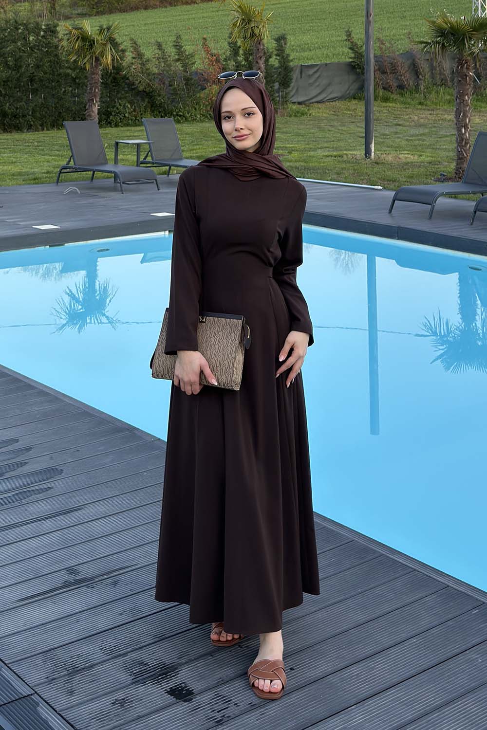 Lamelif Bel Kemer Detaylı Tesettür Elbise Acı Kahve