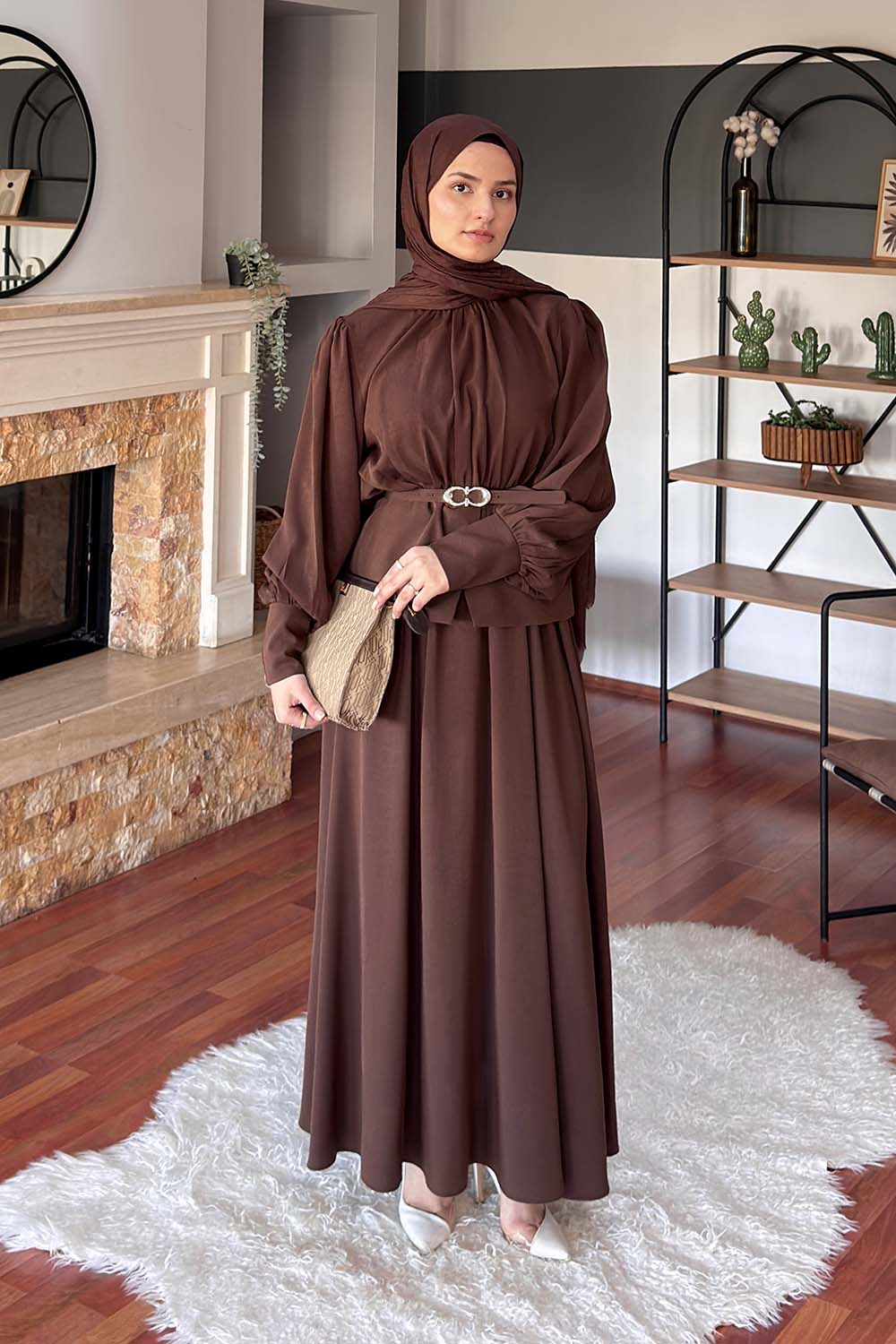 Lamelif Büzgü Detaylı Kemerli Etekli Takım Acı Kahve