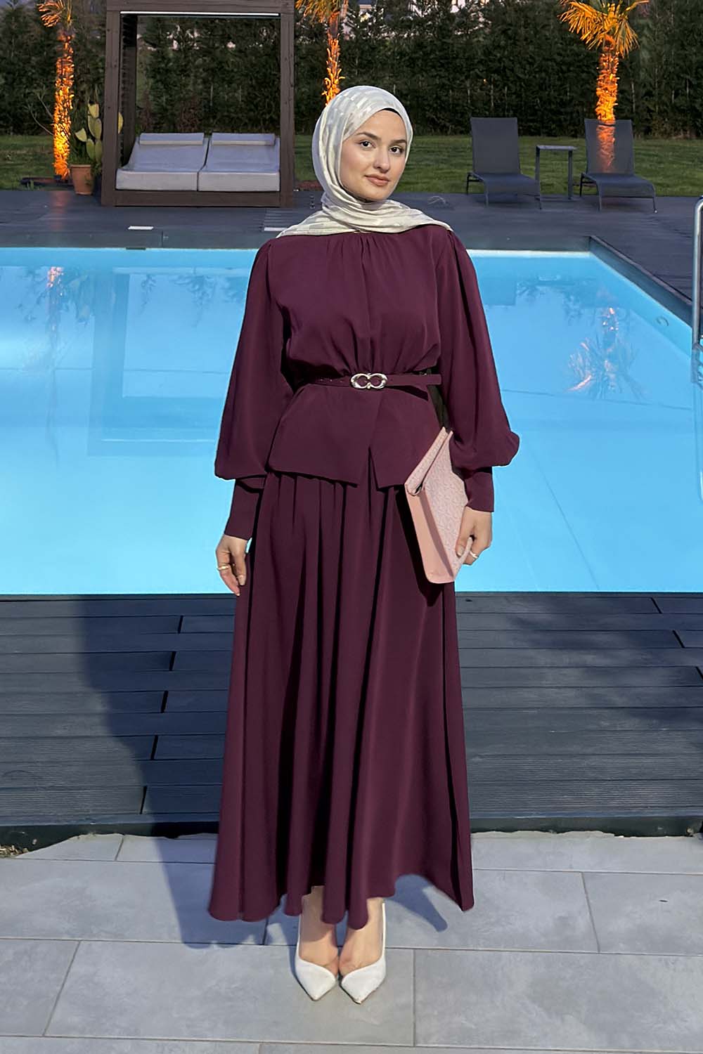 Lamelif Büzgü Detaylı Kemerli Etekli Takım Mürdüm