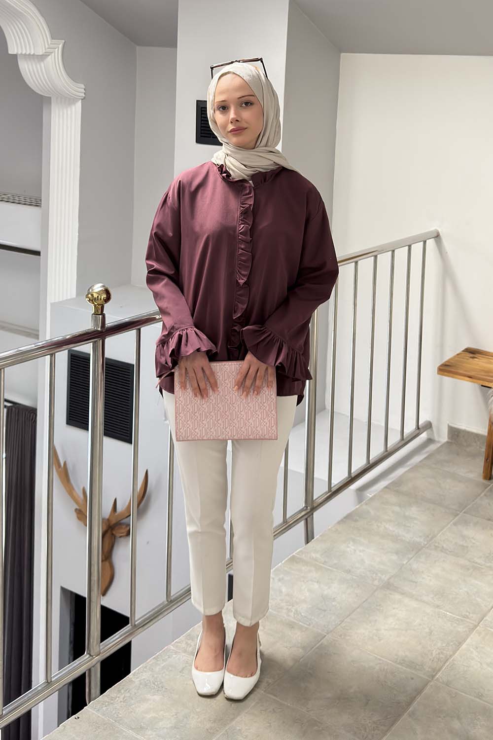 Lamelif Fırfırlı Gömlek Mürdüm