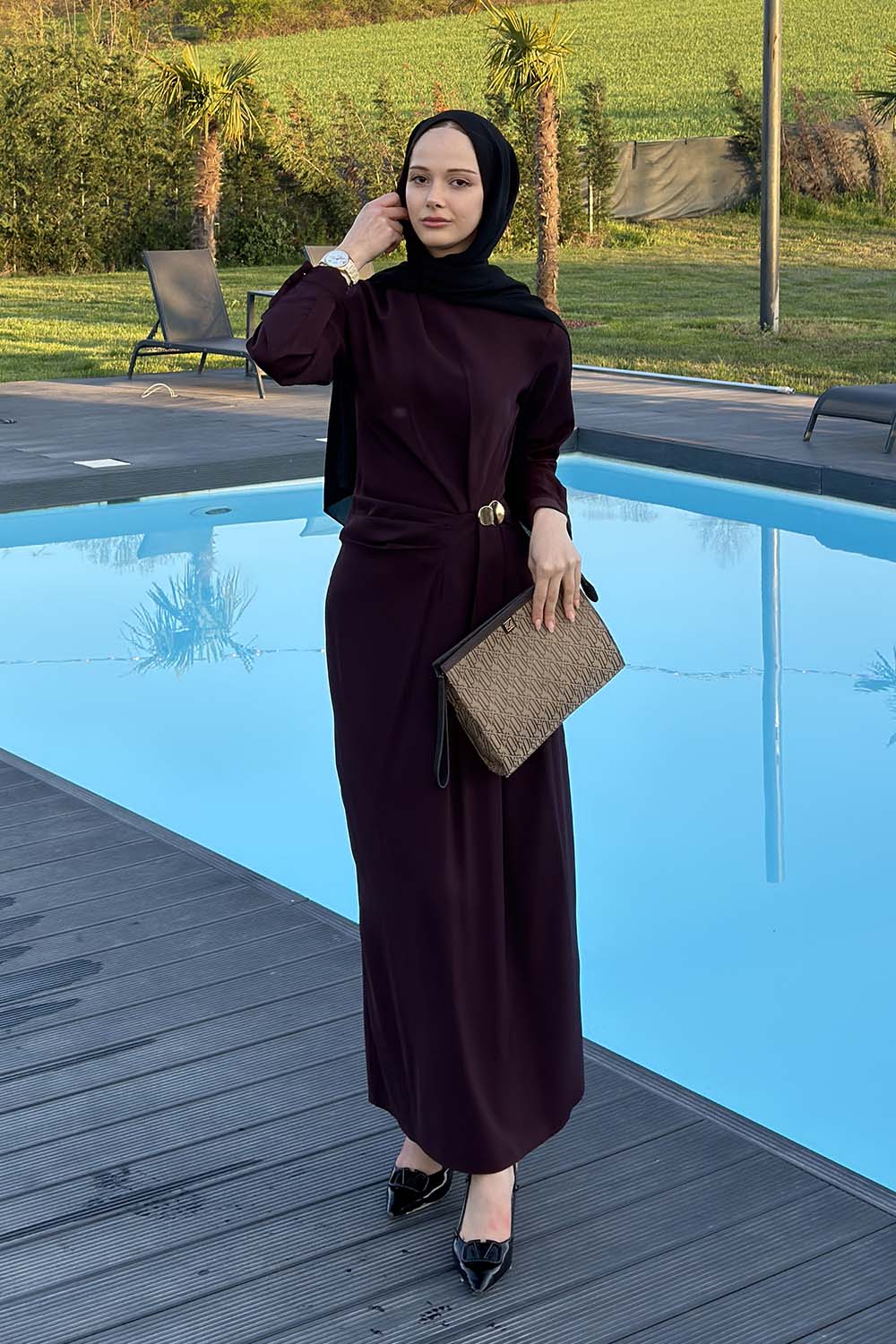 Lamelif Gold Toka Detaylı Drapeli Elbise Mürdüm