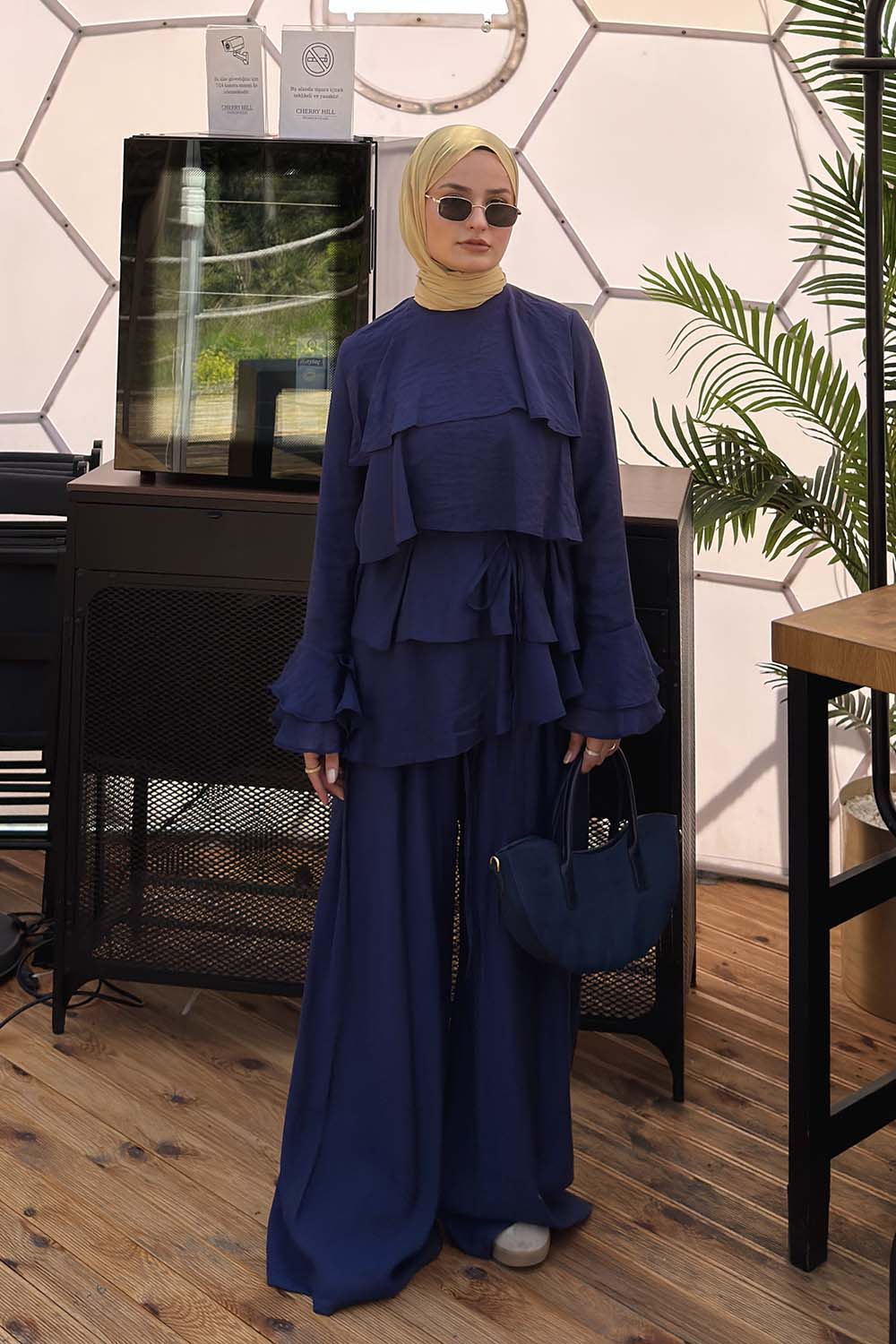 Navy Blue Crew Neck Long Arm Cotton Regular Trousers Comfortable Suit