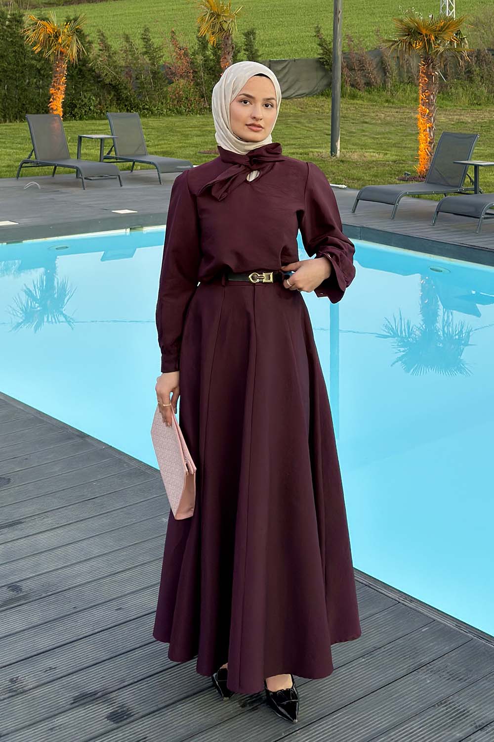 Lamelif Kravat Yaka Etekli Takım Mürdüm