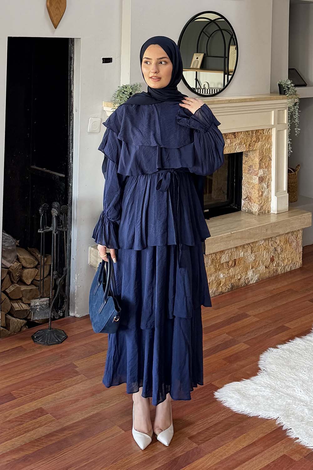 Lamelif Volanlı Bağlamalı Tesettür Elbise Lacivert