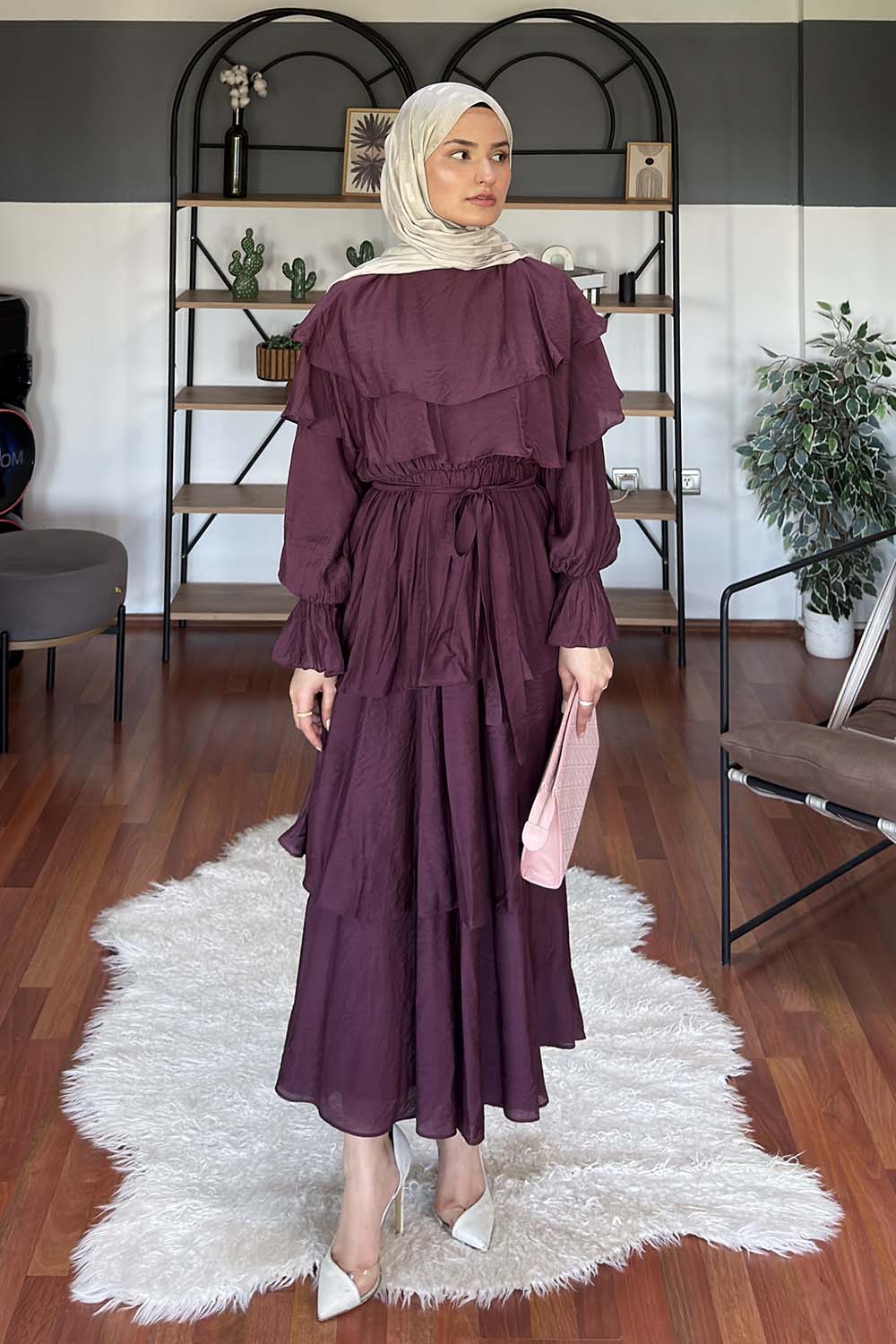 Lamelif Volanlı Bağlamalı Tesettür Elbise Mürdüm