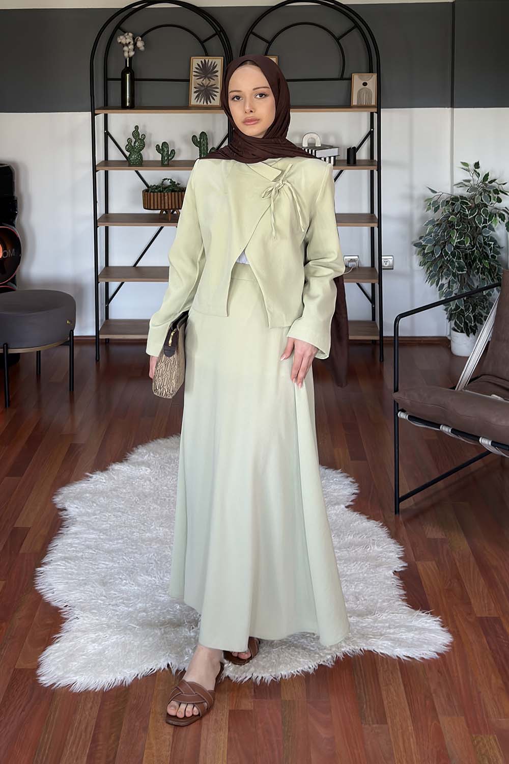 Lamelif Yaka Bağlama Detaylı Ceket-Etek Takım Mint Yeşili