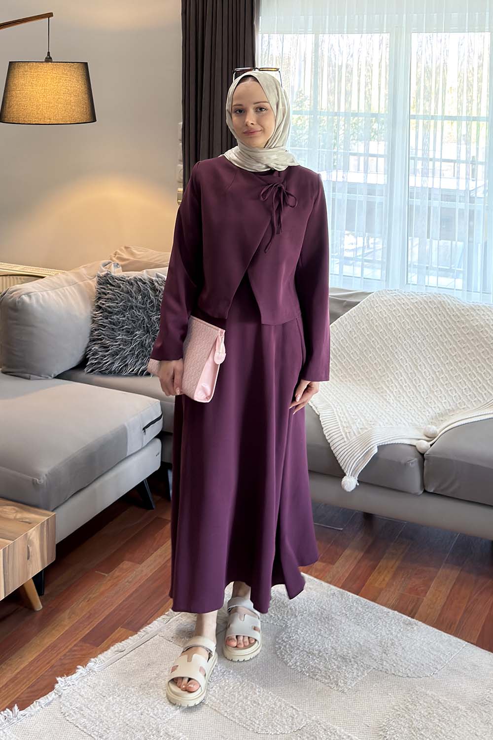 Lamelif Yaka Bağlama Detaylı Ceket-Etek Takım Mürdüm