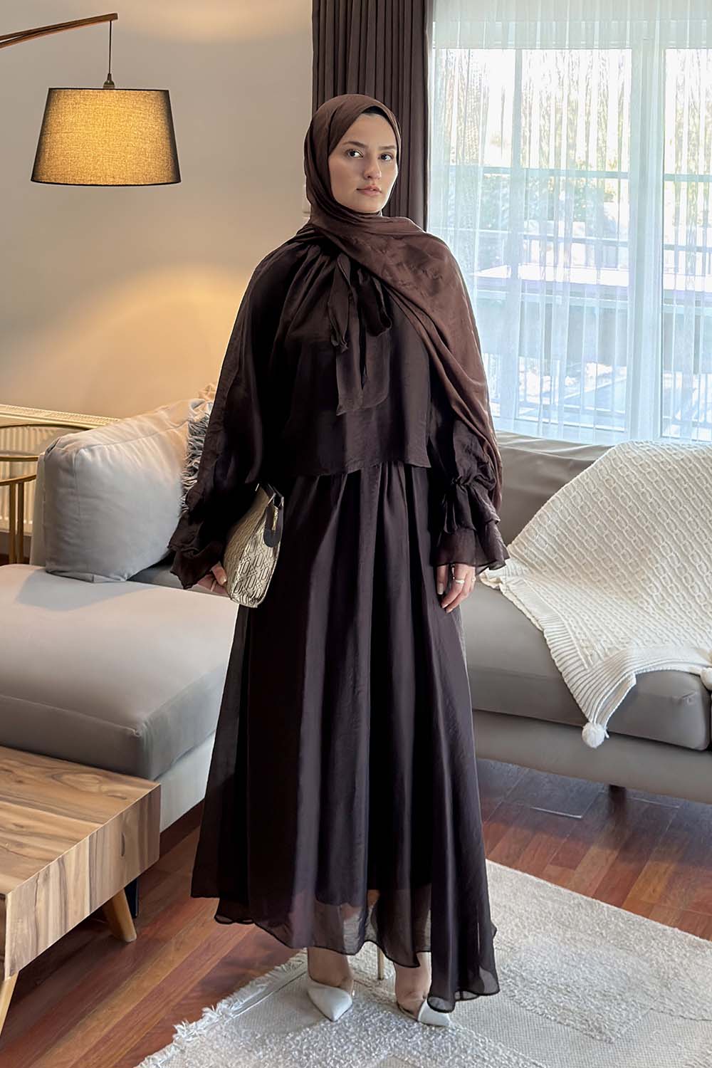 Lamelif Yakası Bağlama Detaylı Etekli Takım Acı Kahve