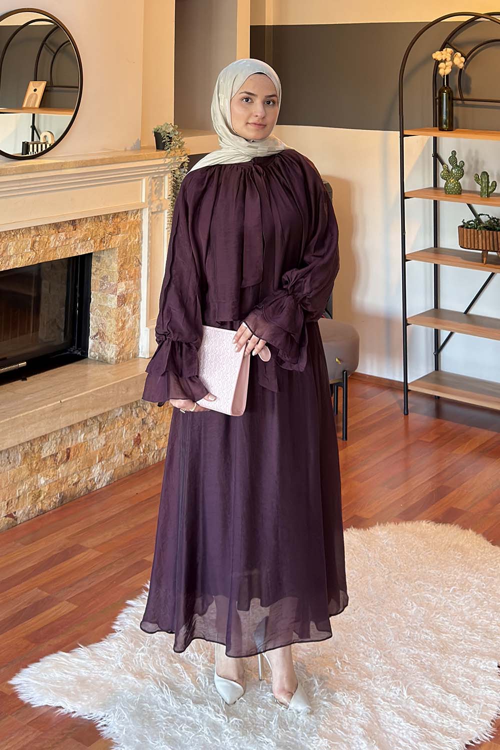 Lamelif Yakası Bağlama Detaylı Etekli Takım Mürdüm