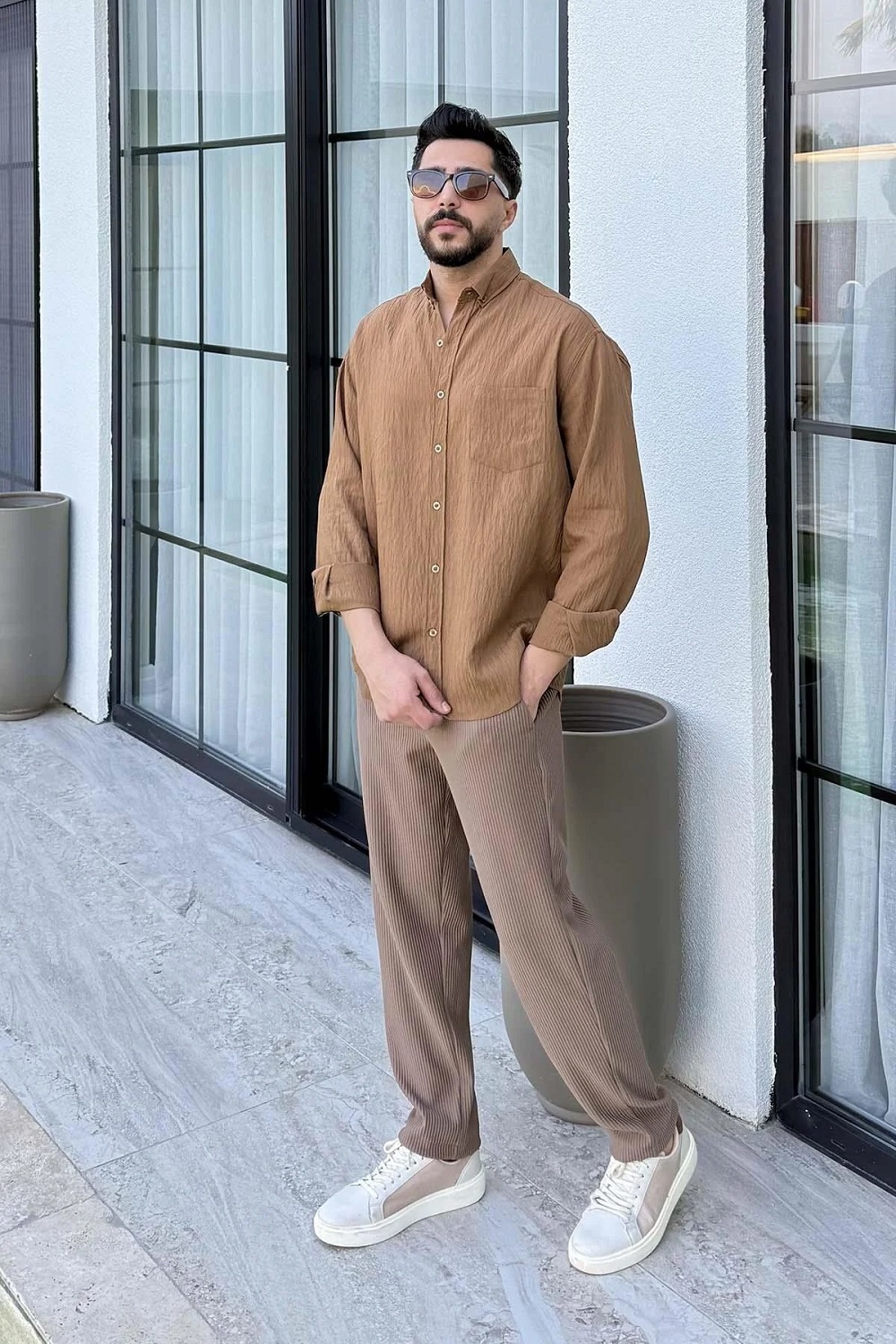 Lamelif Çizgi Detaylı Gömlek Kahverengi