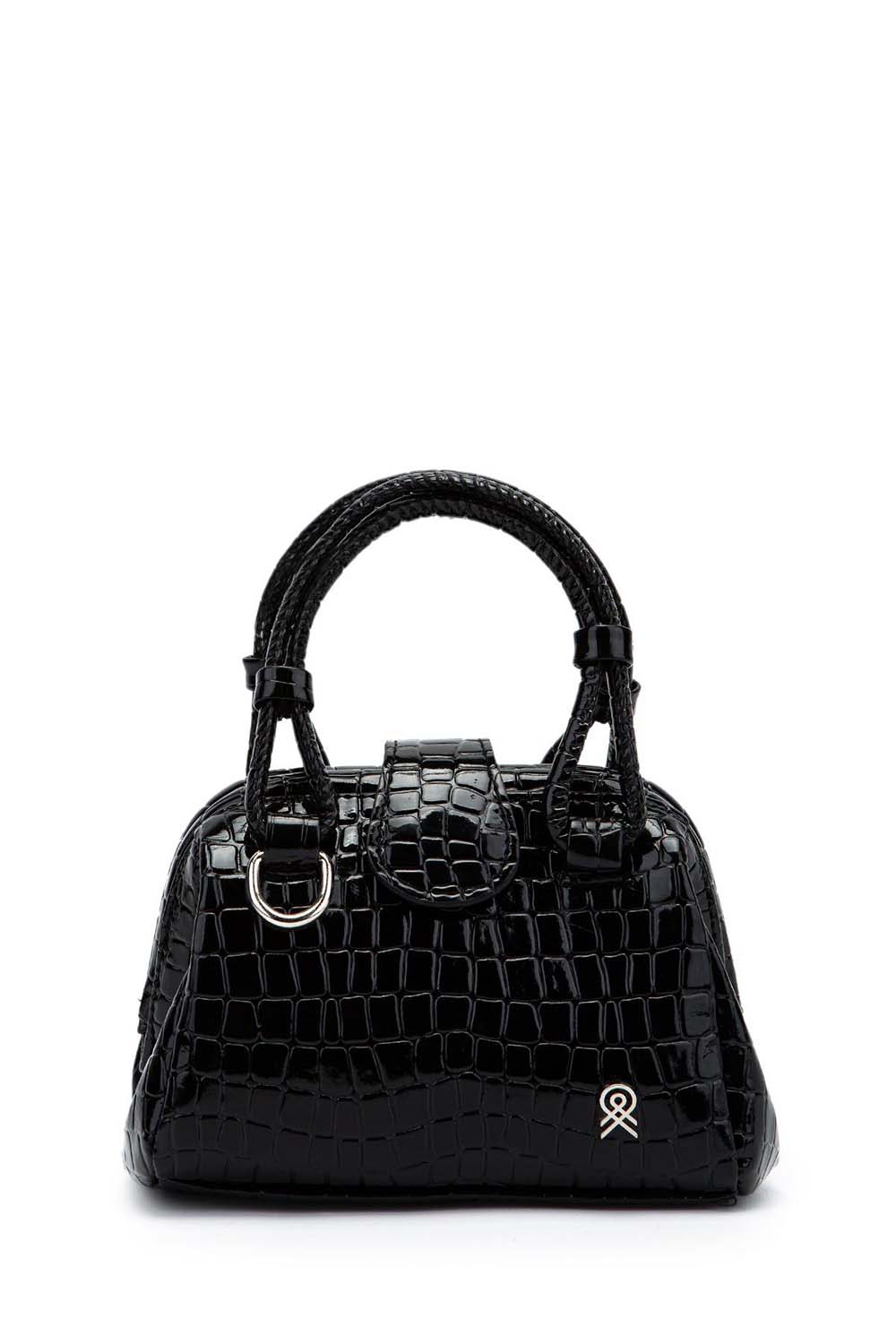 Lamelif Kroko Desenli Burslu Mekanizmalı Omuz Çantası Kadın Rugan Siyah