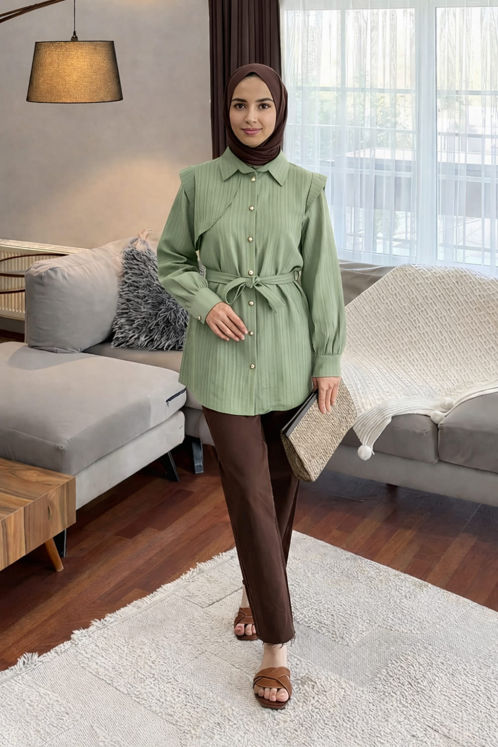 Lamelif Lamelif Vatkalı Yarım Pelerinli Gömlek Çağla Yeşili