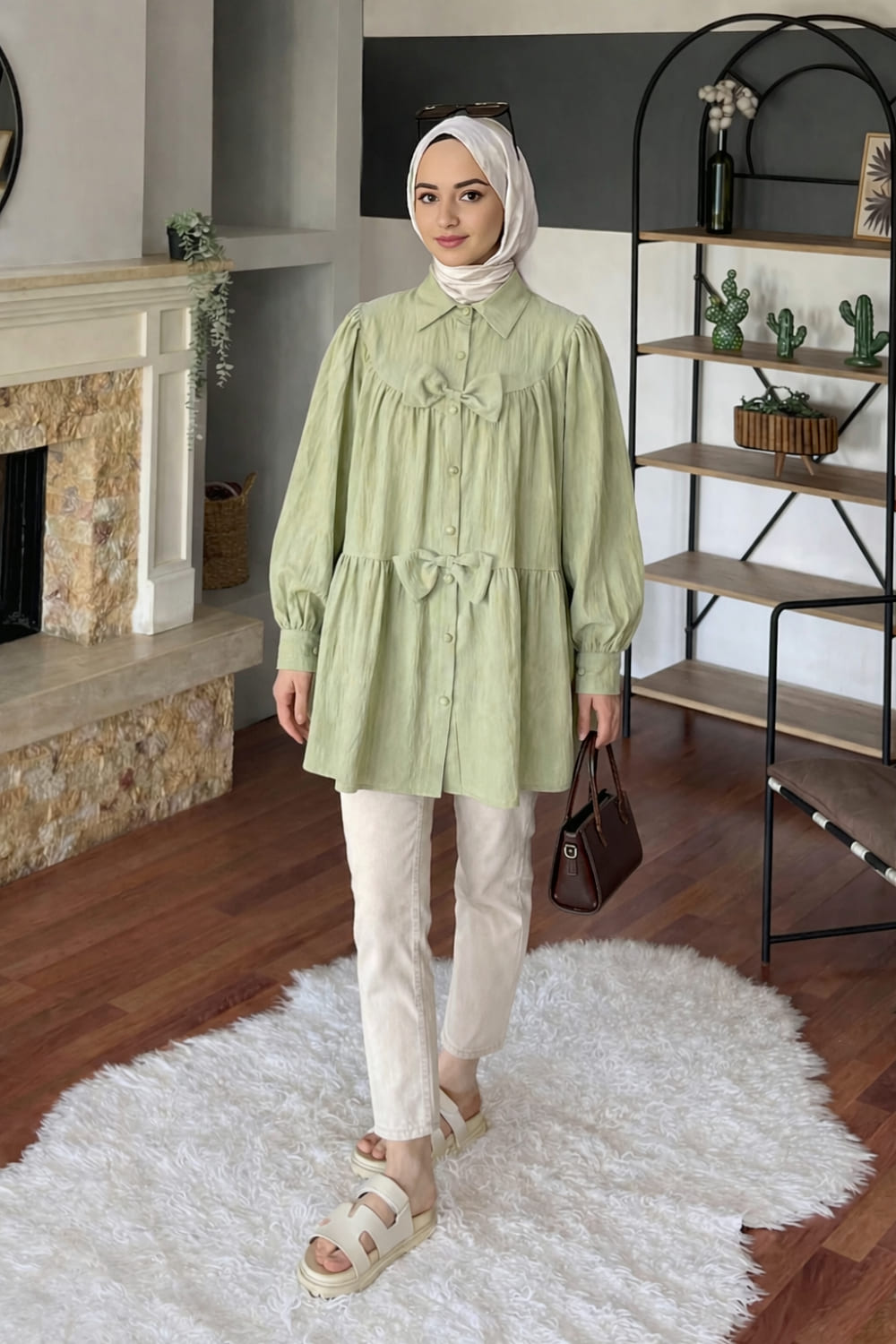 Lamelif Papyon Detaylı Tunik Çağla Yeşili