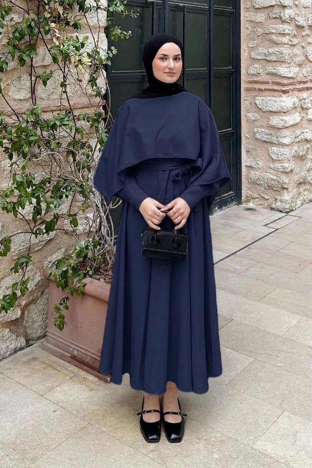 Lamelif Pelerin Detaylı Elbise Lacivert