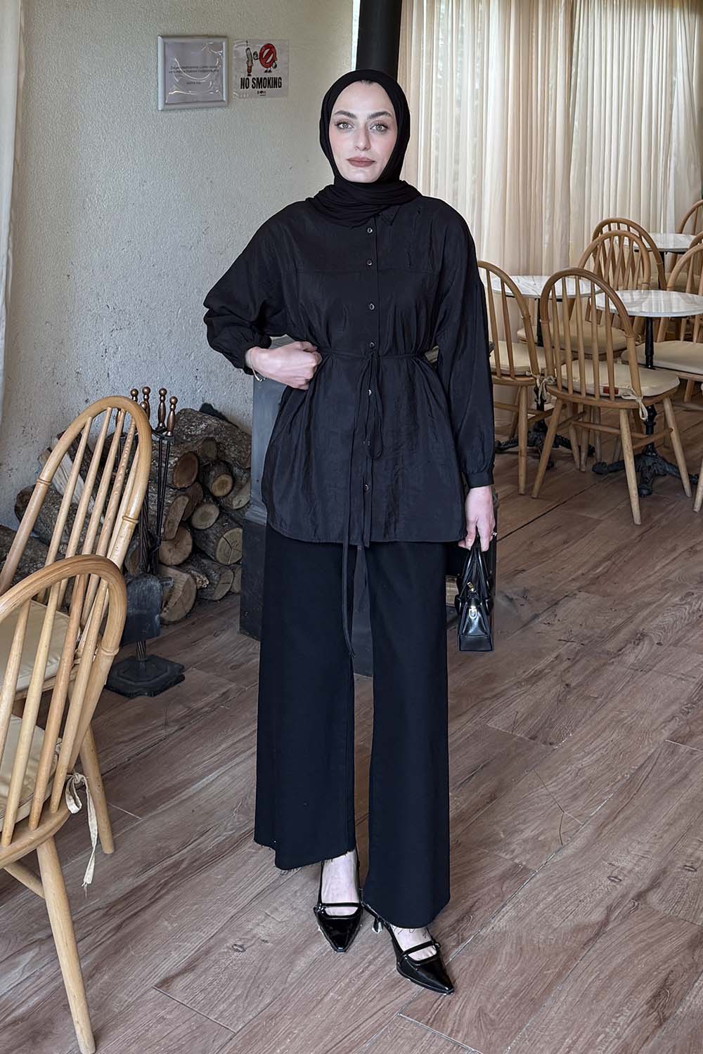 Lamelif Bağlamalı Gömlek Siyah