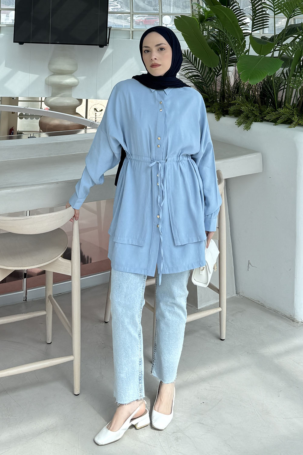 Lamelif Beli Büzgülü Düğme Detaylı Gömlek Bebe Mavisi