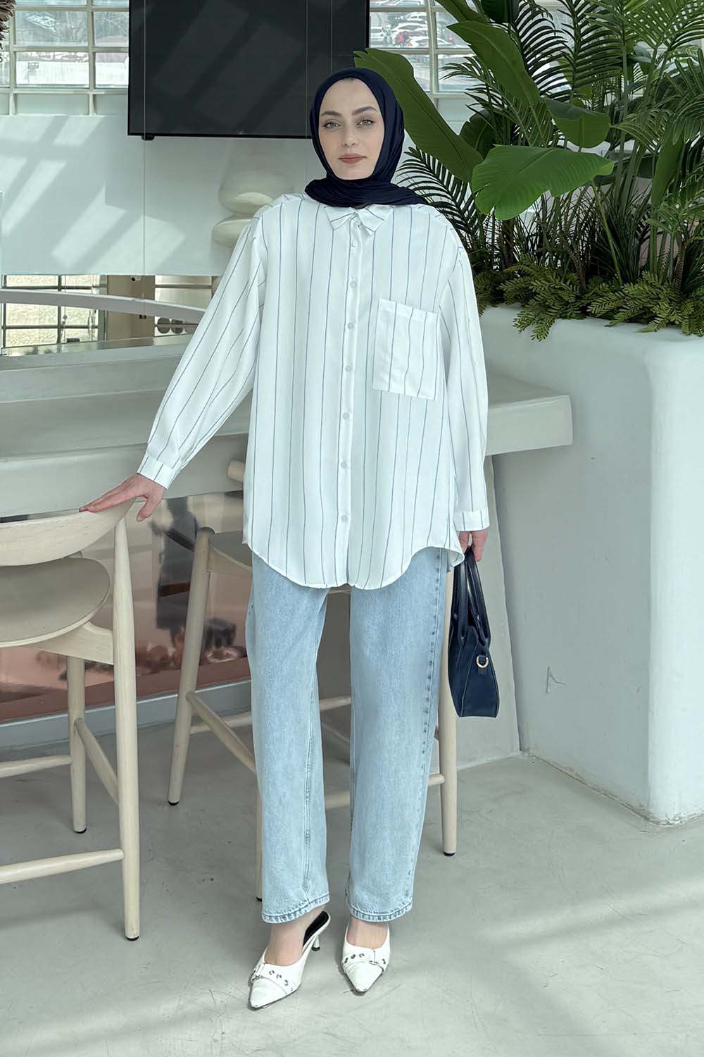 Lamelif Cep Detaylı Çizgili Gömlek İndigo