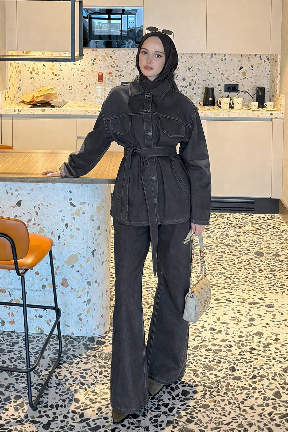 Lamelif Denim Ceket-Pantolon İkili Takım Füme