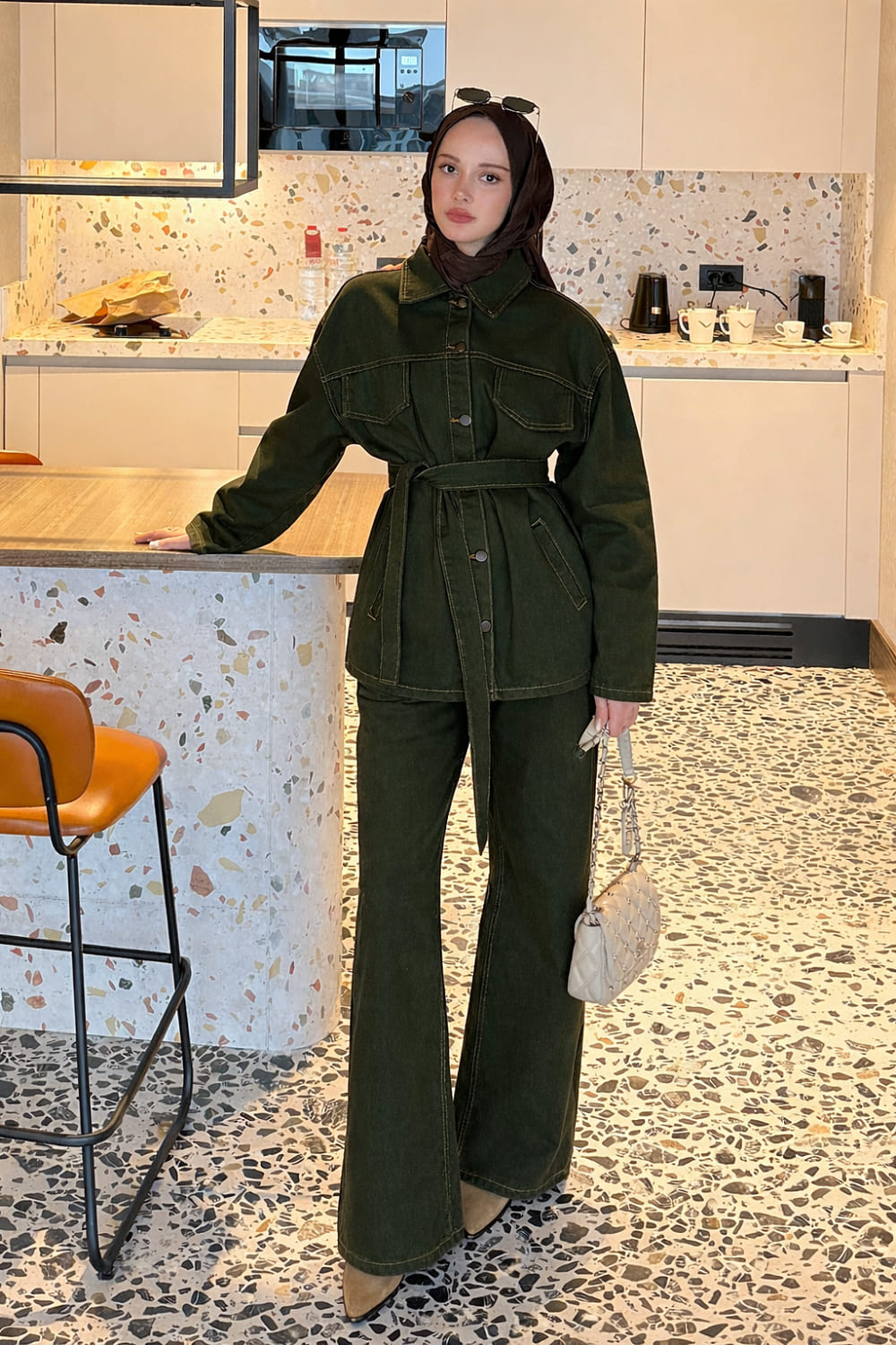 Lamelif Denim Ceket-Pantolon İkili Takım Haki